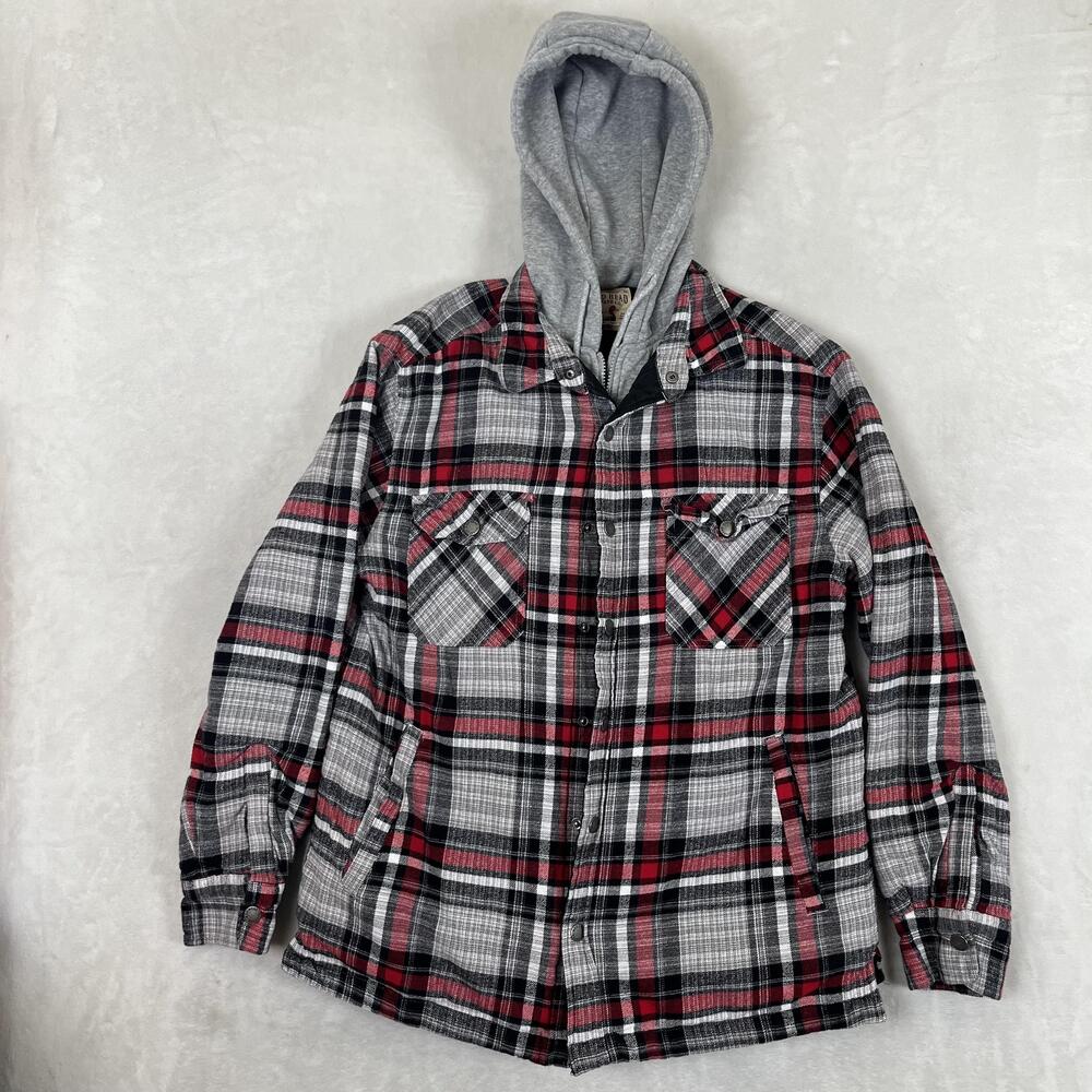 Red Head Jacket Mens Large Gray Plaid Quilted Lined Flannel Hooded Workwear